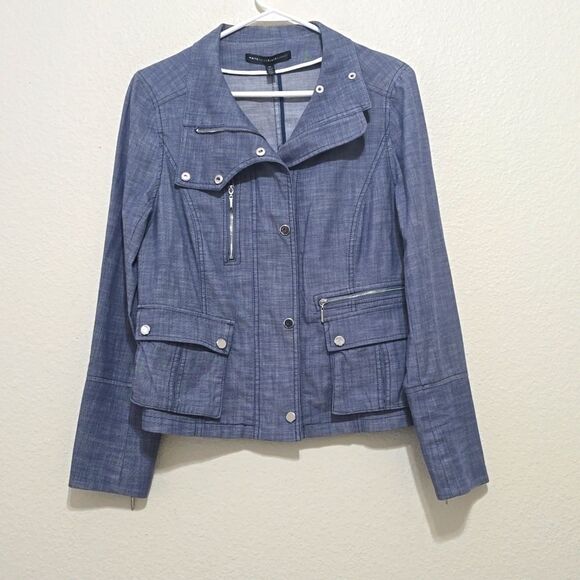 WHITE HOUSE BLACK MARKET Light Blue Lightweight Canvas Moto Jacket Size 10 - Picture 1 of 8